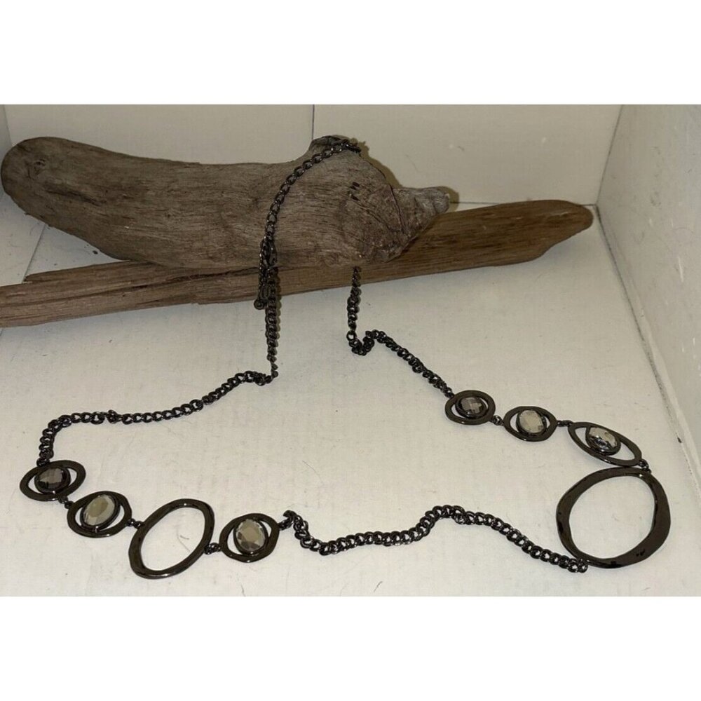 Chicos Long Black Chain Necklace With Large Oval‎ & Round Pendants